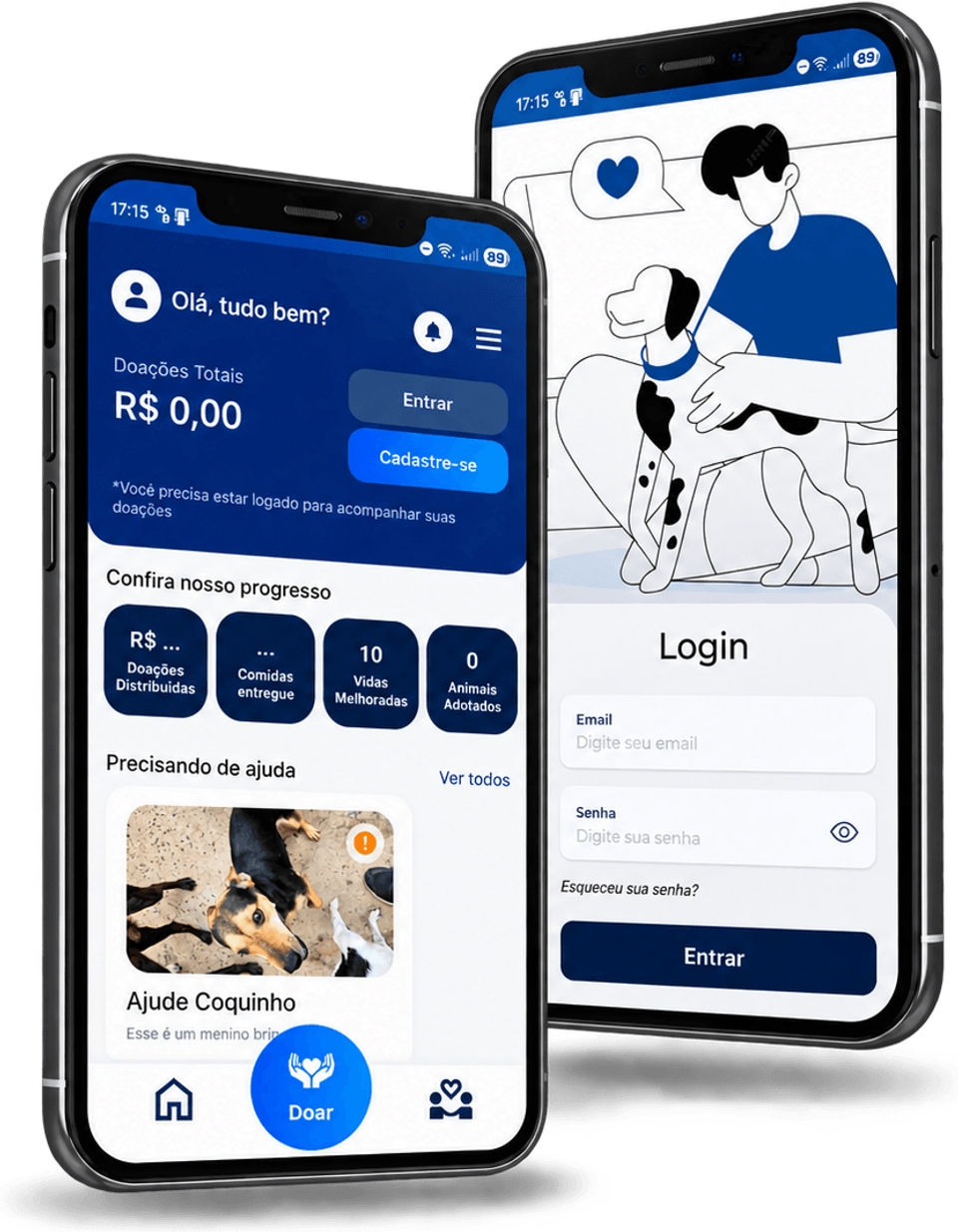 Dois smartphones mostrando as telas inicial e de login do app LUSA, da SOS Human Help