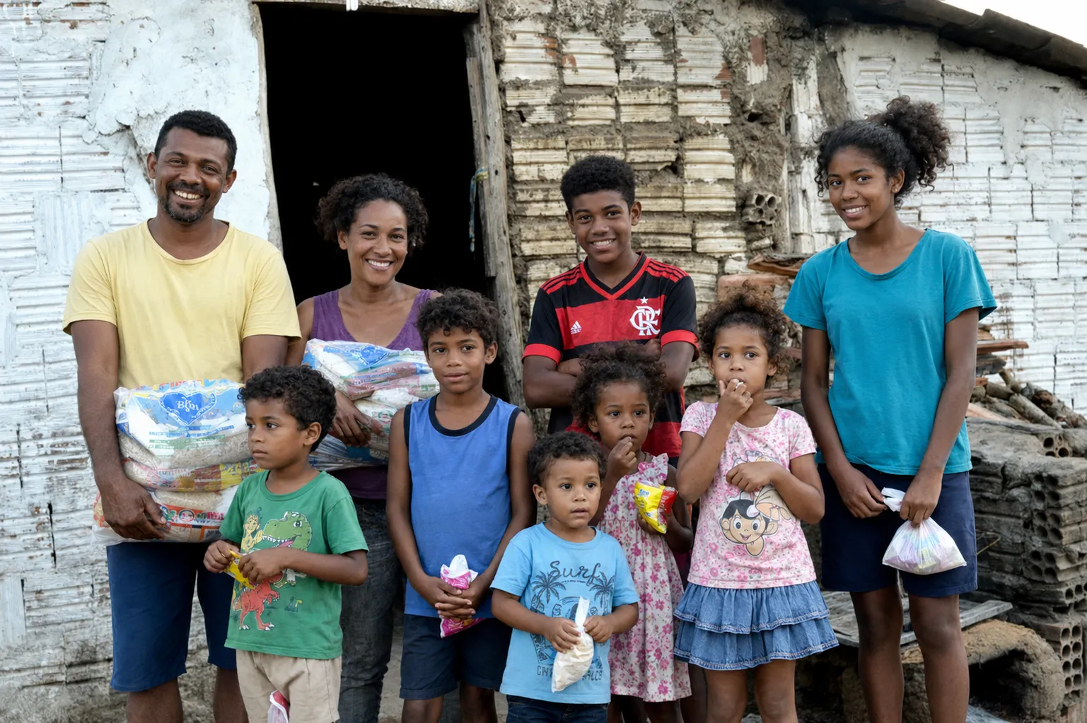 Fam&iacute;lias carentes recebendo apoio e alimentos